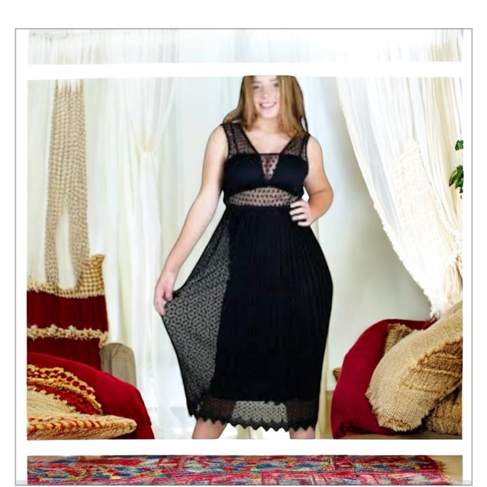 TFNC London Black Dotted Mesh -Sheer Panels -Midi Dress M-EUC-Stunning🖤☀️